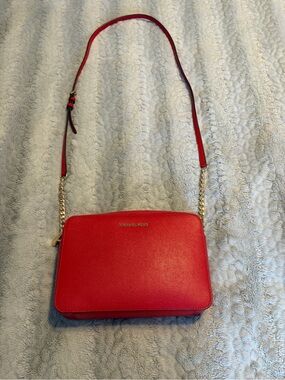 Michael Kors Red Leather Crossbody with Gold Chain Strap